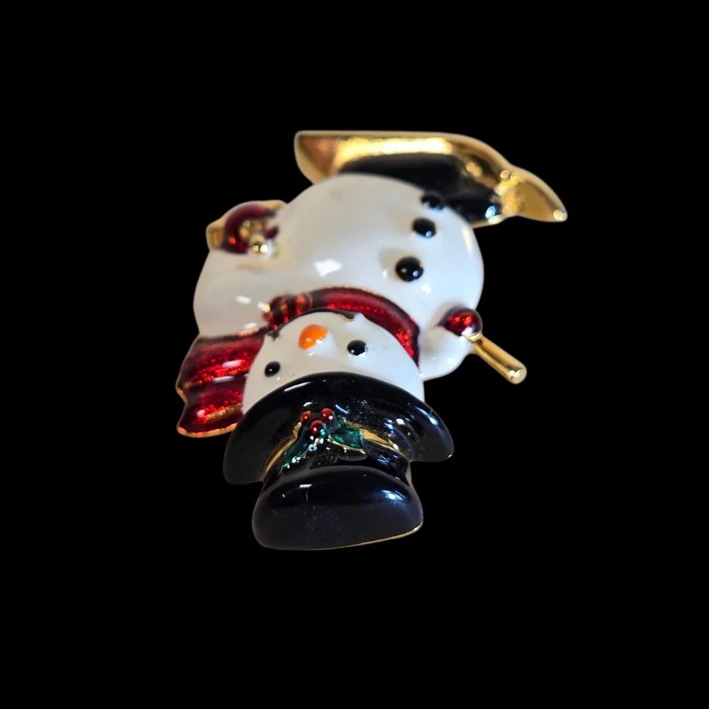 Vtg Joan Rivers Enamel Snowman Skiing Gold Tone Brooch HTF Holiday Christmas Pin